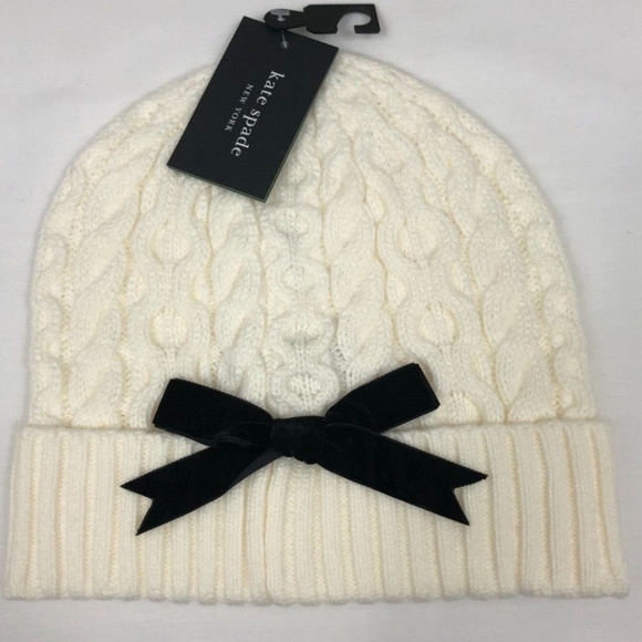 New Kate Spade Cable Knit Velvet Bow Beanie Hat Cream - Picture 1 of 6